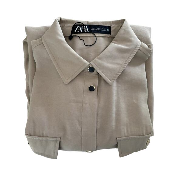 Zara Wome'ns Size Large Button Front Oversized Drawstring Tunic Top Shirt Dress - Picture 3 of 13